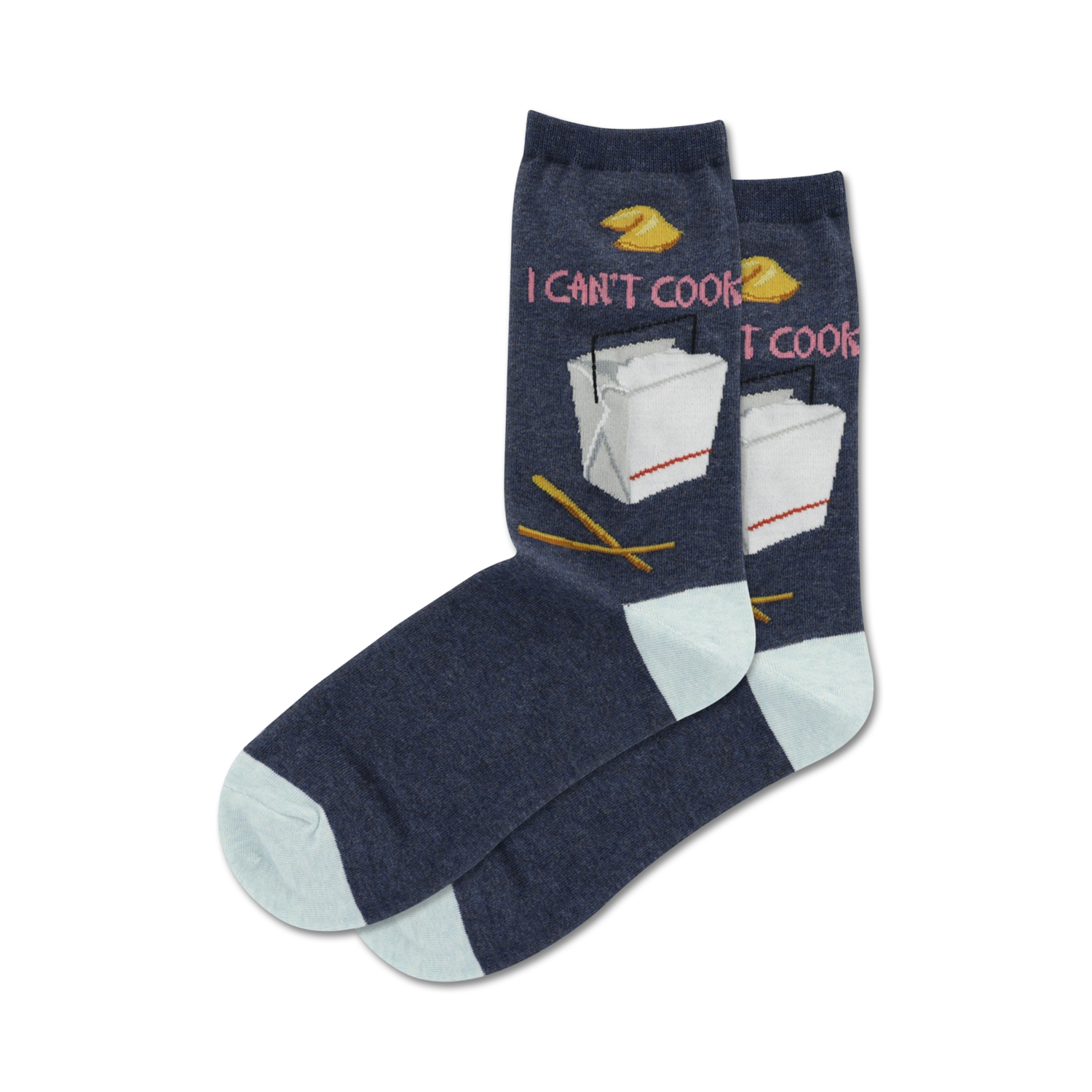 Lifestyle shot showing the 'I Can't Cook' socks in navy blue with a light blue cuff on a model's feet.