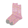 Pair of women's crew socks in pink and light blue; popcorn pattern and 'Ready to Pop' text.