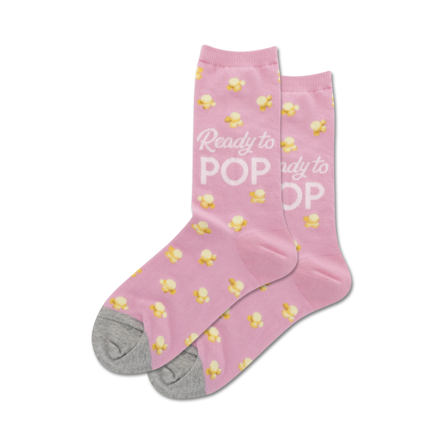 Pair of women's crew socks in pink and light blue; popcorn pattern and 'Ready to Pop' text.