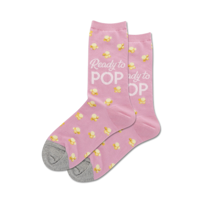 pink women's popcorn-patterned crew socks with ready to pop lettering on the front.  