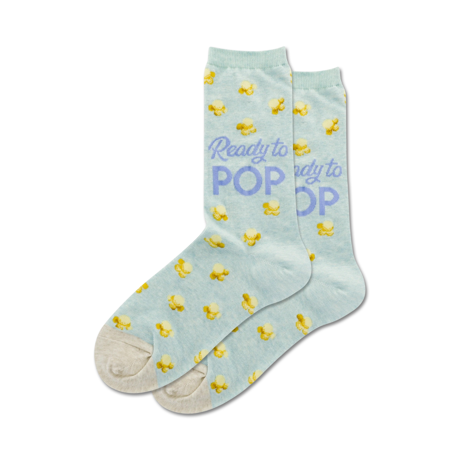 Lifestyle shot: A person's feet wearing the light blue 'Ready to Pop' popcorn socks.