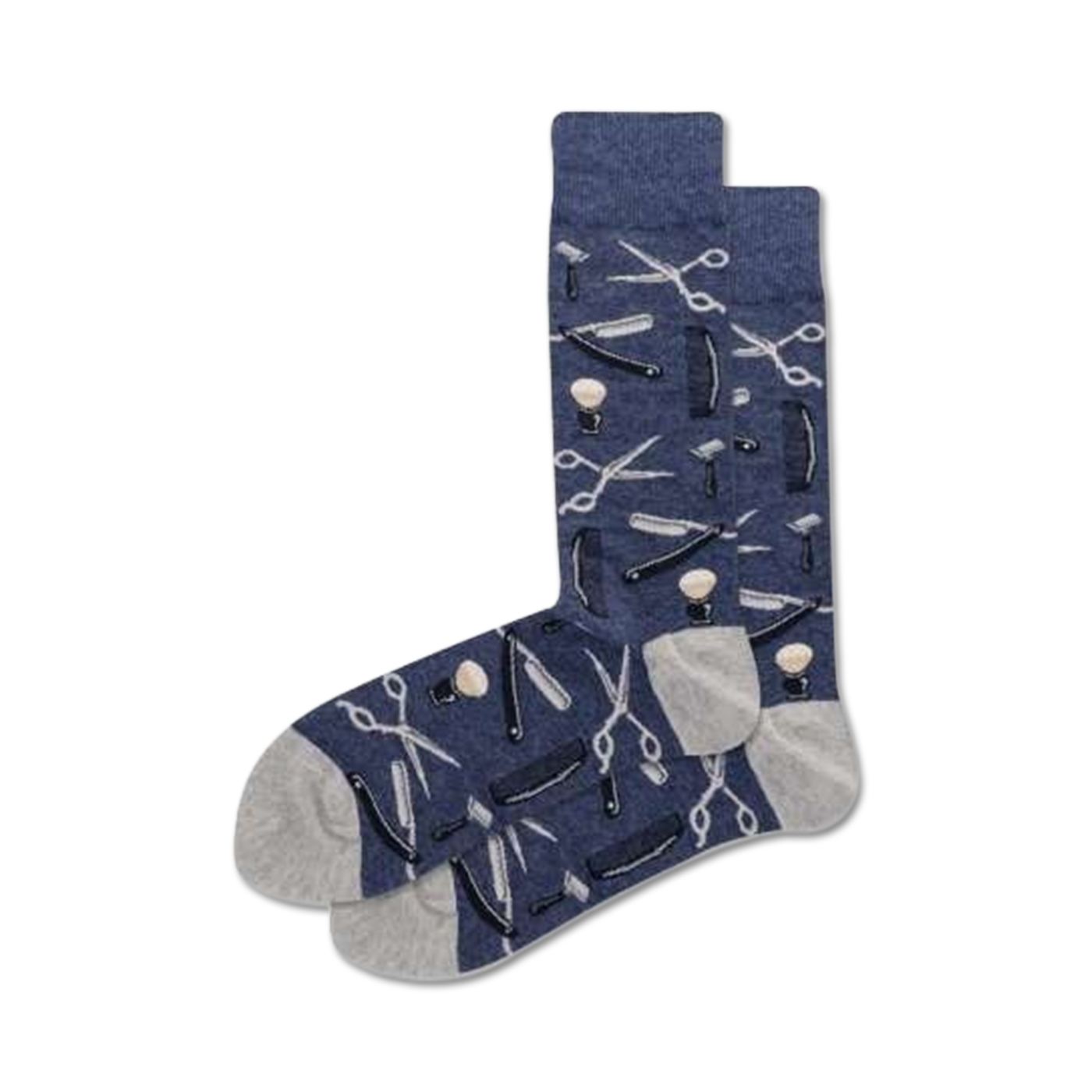Pair of navy blue crew socks with a pattern of barber tools (scissors, razors, combs) in white and grey.