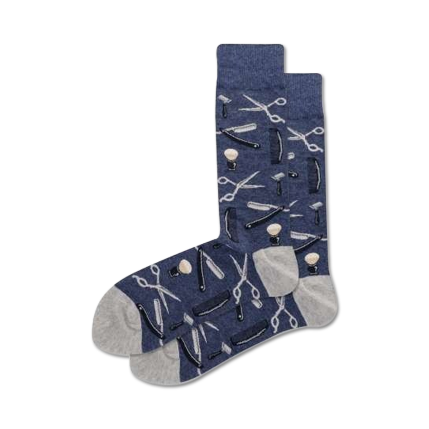 Pair of navy blue crew socks with a pattern of barber tools (scissors, razors, combs) in white and grey.