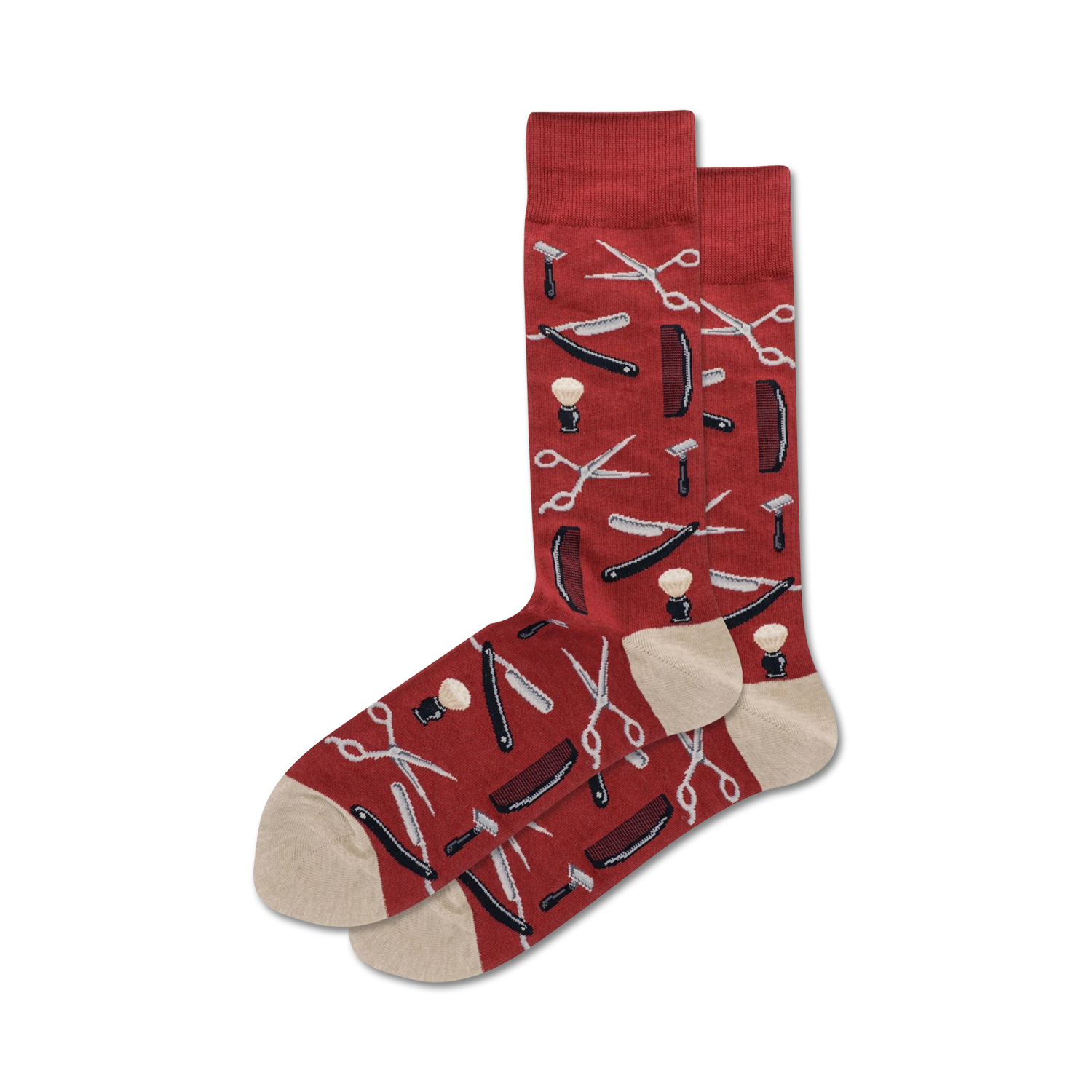 Close-up of red Barbershop Shave Tools socks showcasing the detail of the printed barber tools.