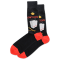 Pair of black crew socks with red cuffs.  The socks feature a takeout container, chopsticks, and fortune cookies with the phrase 'I Can't Cook'.