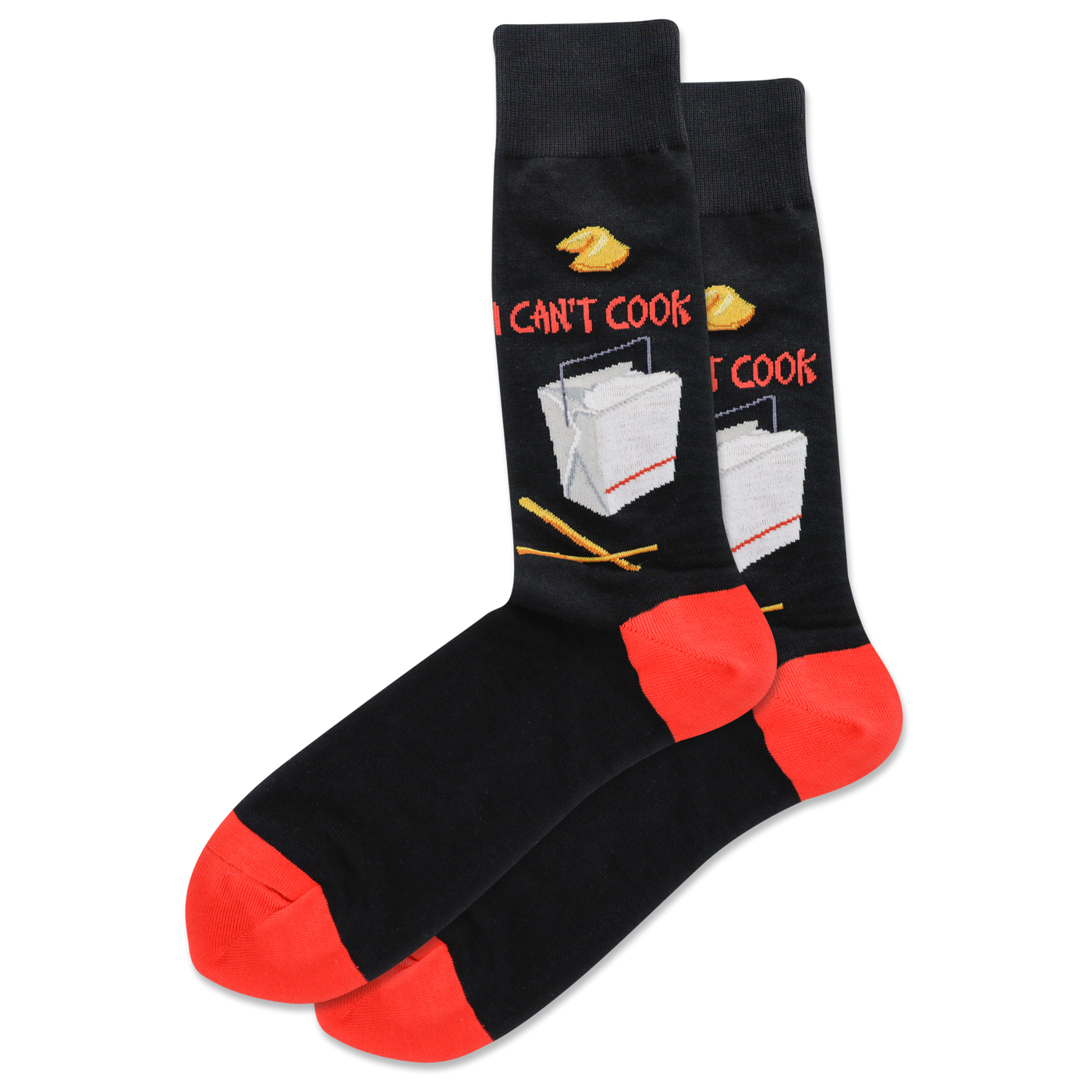 Pair of black crew socks with red cuffs.  The socks feature a takeout container, chopsticks, and fortune cookies with the phrase 'I Can't Cook'.