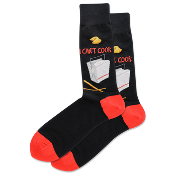 hilarious black socks with red toes, heels, and a white graphic of takeout container with chopsticks and the text '{i can't cook}' on the leg; perfect for men who love to eat takeout   