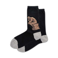 Pair of black crew socks with a detailed image of Rodin's 'The Thinker' sculpture in bronze tones on one side. Grey heel and toe.