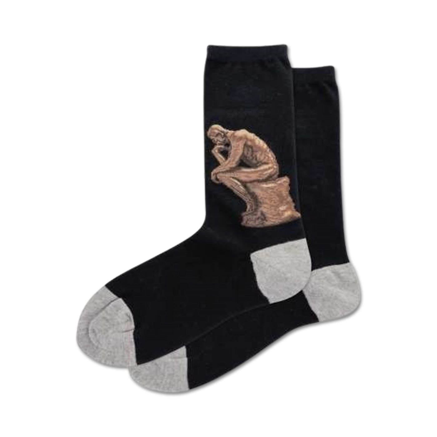 Pair of black crew socks with a detailed image of Rodin's 'The Thinker' sculpture in bronze tones on one side. Grey heel and toe.