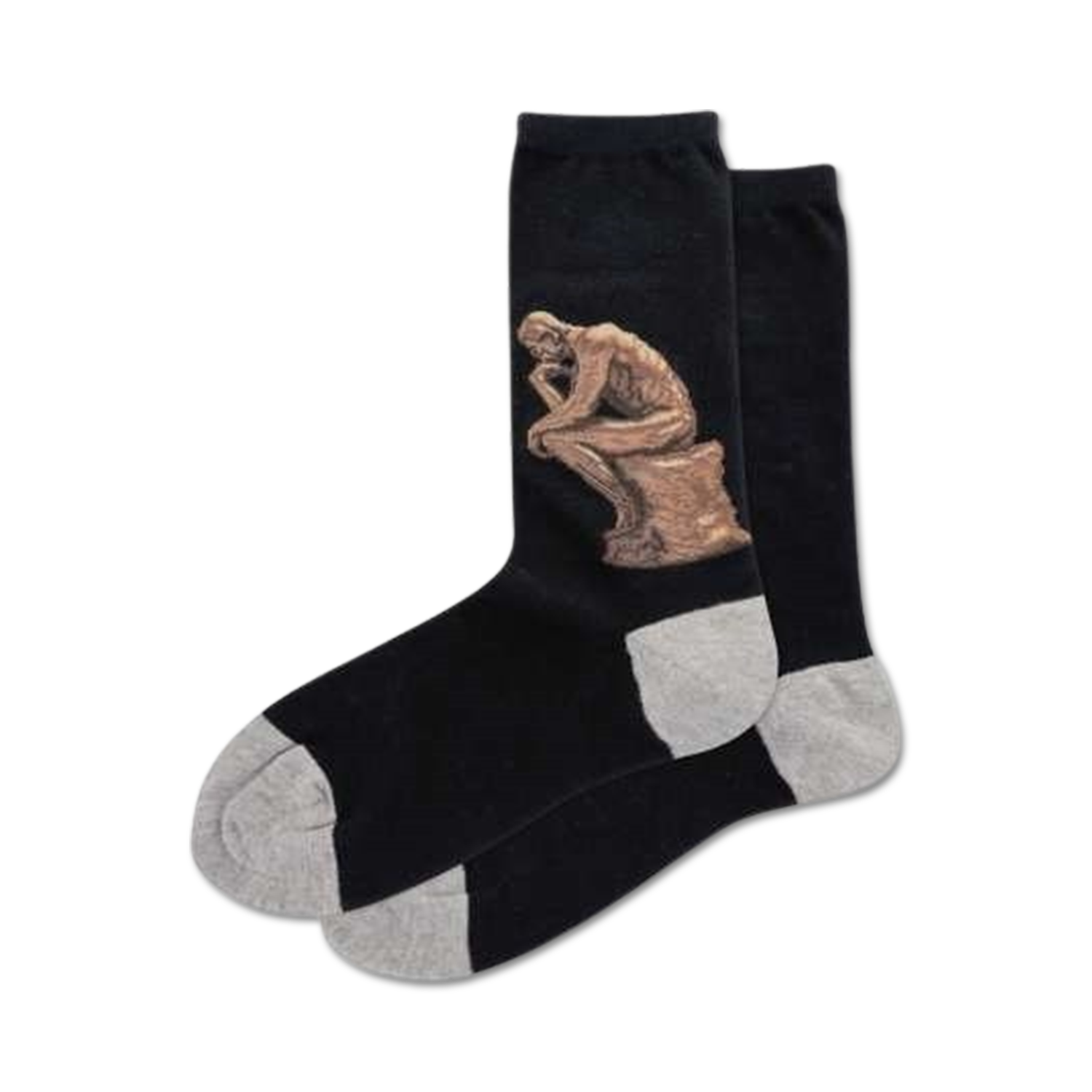 Pair of black crew socks with a detailed image of Rodin's 'The Thinker' sculpture in bronze tones on one side. Grey heel and toe.