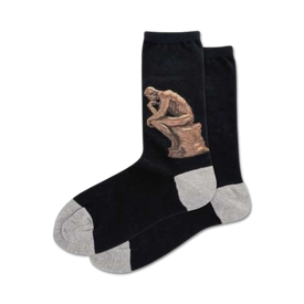 black dress socks with gray toe and heel, feature an image of rodin's "the thinker" sculpture.  
