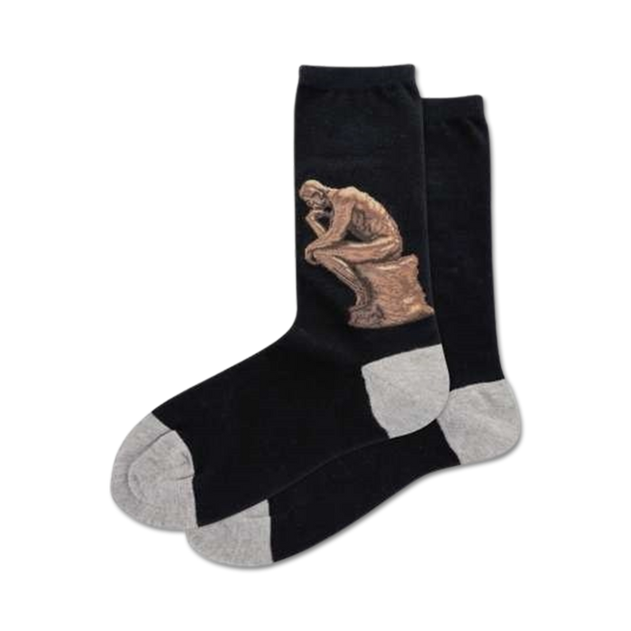 black dress socks with gray toe and heel, feature an image of rodin's 