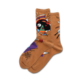 Pair of tan crew socks with a colorful abstract design inspired by Kandinsky's art.  Black, violet, and other bright colors on a tan background.