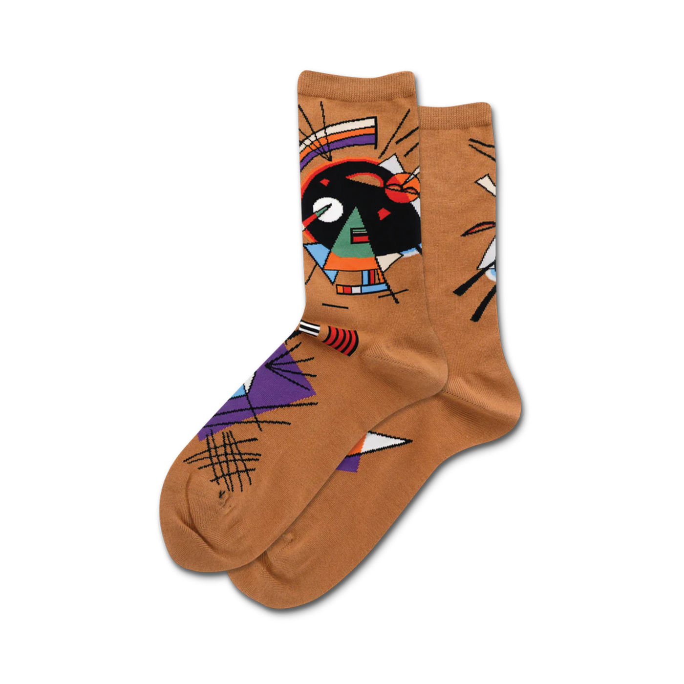 Pair of tan crew socks with a colorful abstract design inspired by Kandinsky's art.  Black, violet, and other bright colors on a tan background.