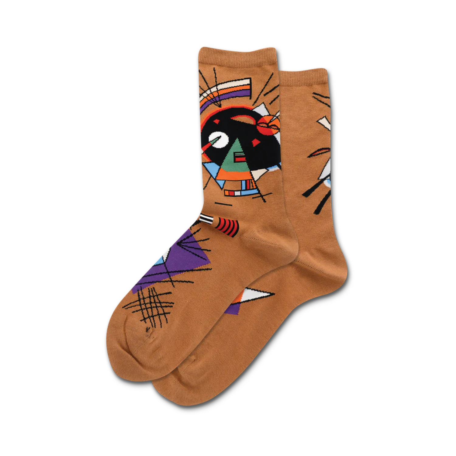 Pair of tan crew socks with a colorful abstract design inspired by Kandinsky's art.  Black, violet, and other bright colors on a tan background.