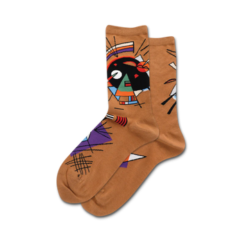 Pair of tan crew socks with a colorful abstract design inspired by Kandinsky's art.  Black, violet, and other bright colors on a tan background.