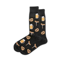 Pair of black crew socks with a repeating pattern of beer steins, pretzels, and sausages.