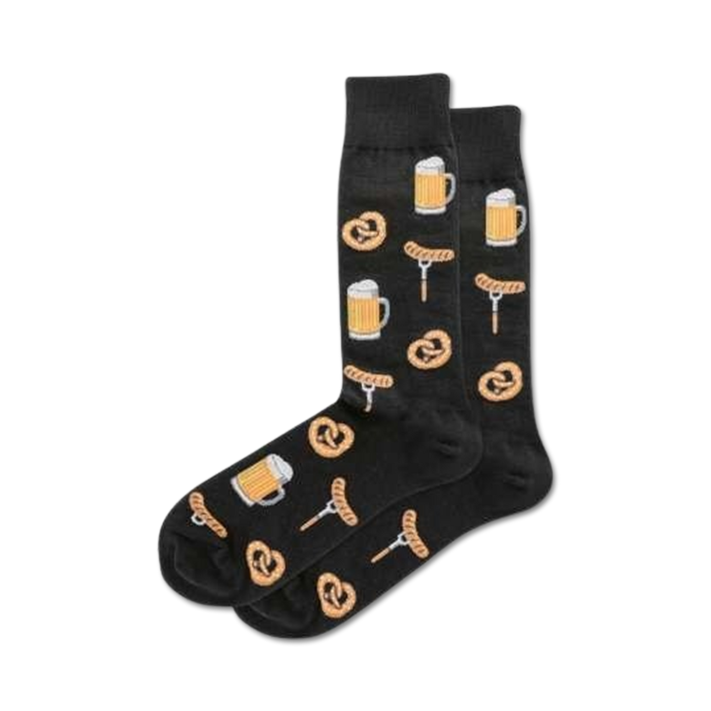 Pair of black crew socks with a repeating pattern of beer steins, pretzels, and sausages.