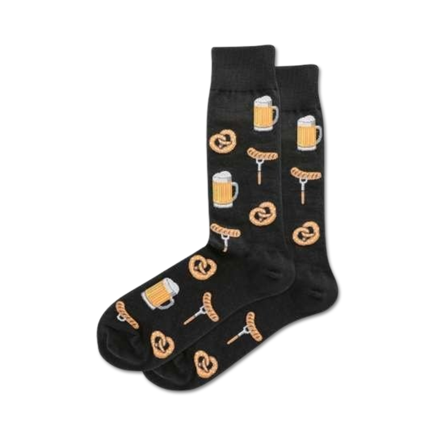 Pair of black crew socks with a repeating pattern of beer steins, pretzels, and sausages.