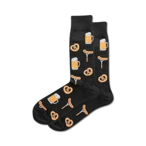 men's black crew socks with beer mugs, pretzels and sausages pattern.    