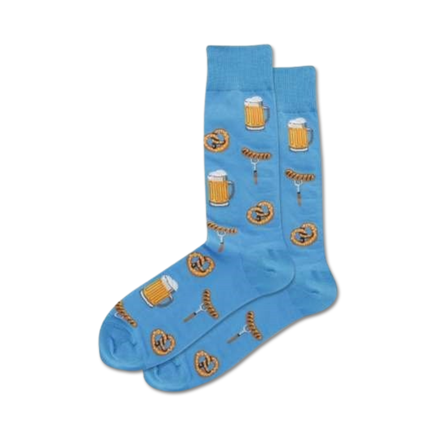 Lifestyle shot showing the blue Beer and Pretzel socks on a person's feet.