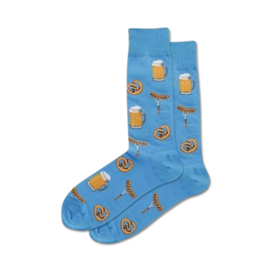 mens blue crew socks with pretzels, beer mugs, and sausages.  