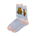 Pair of women's crew socks in light blue and pink, featuring a brown bear graphic and the text 'Free Hugs'.