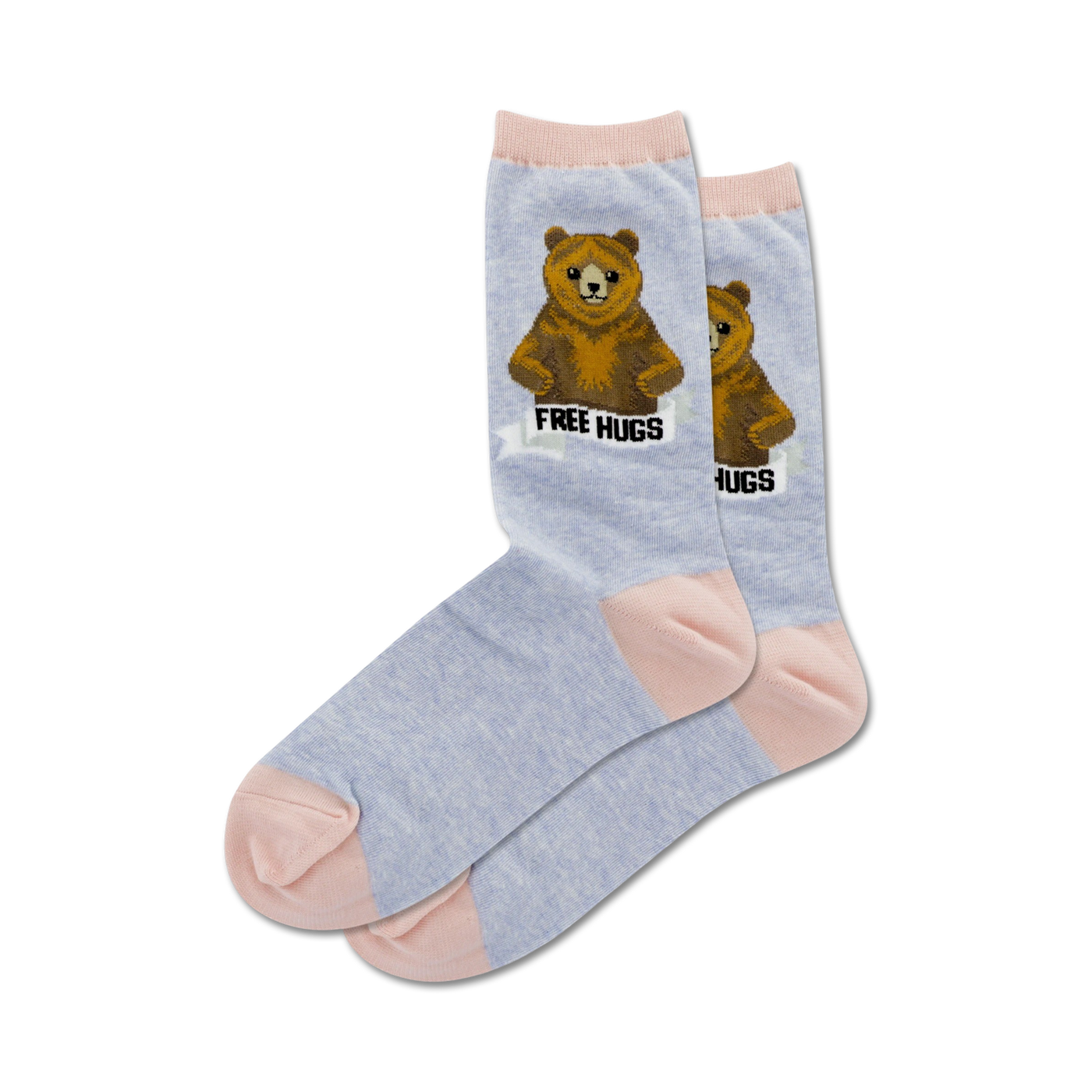 Pair of women's crew socks in light blue and pink, featuring a brown bear graphic and the text 'Free Hugs'.