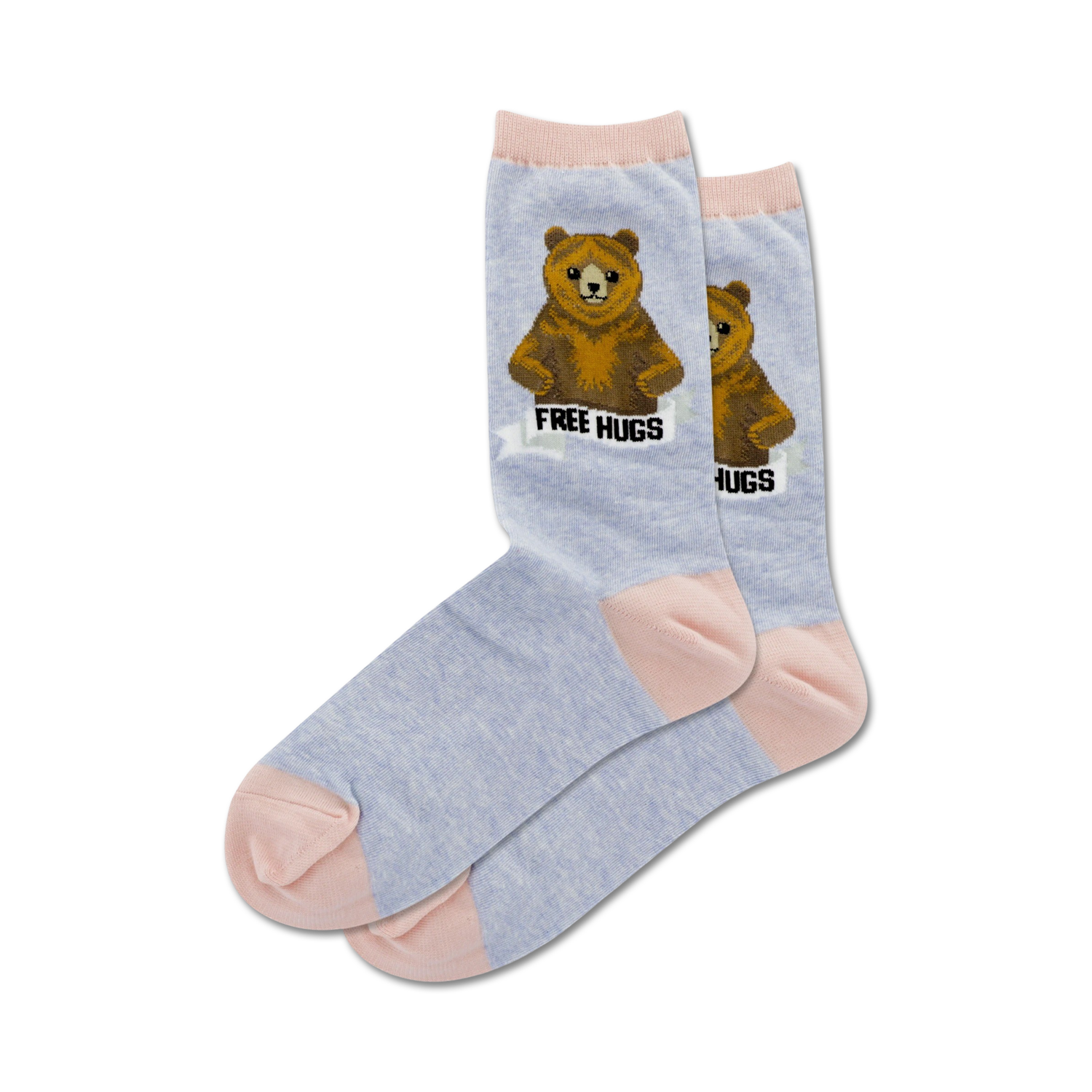 Pair of women's crew socks in light blue and pink, featuring a brown bear graphic and the text 'Free Hugs'.