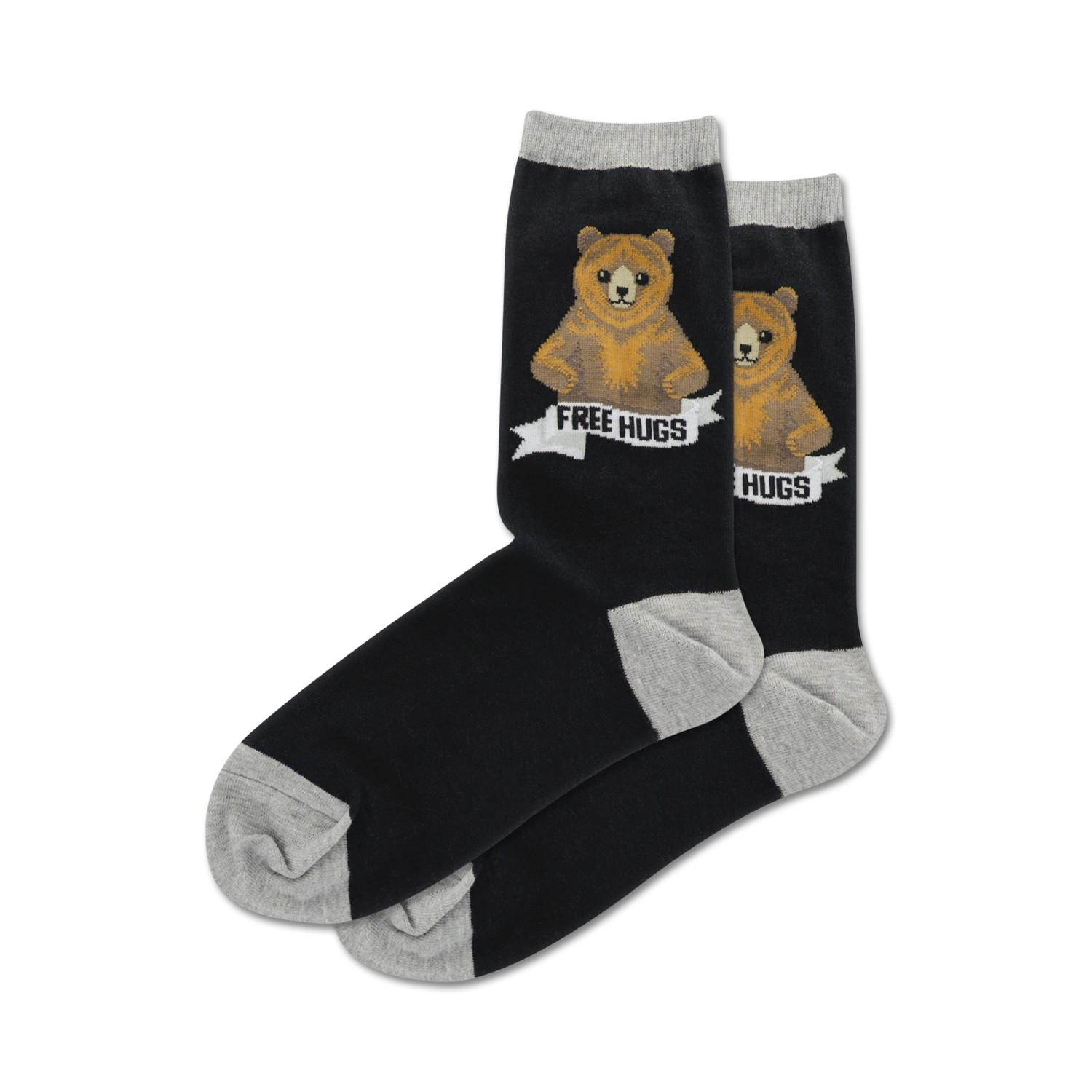 Lifestyle shot of the Free Hug Bear socks, showcasing them on a person's feet.