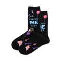 A pair of black crew socks with a 'Happy Me Day' theme.  Features colorful birthday-themed designs including balloons, cake, and party hats.