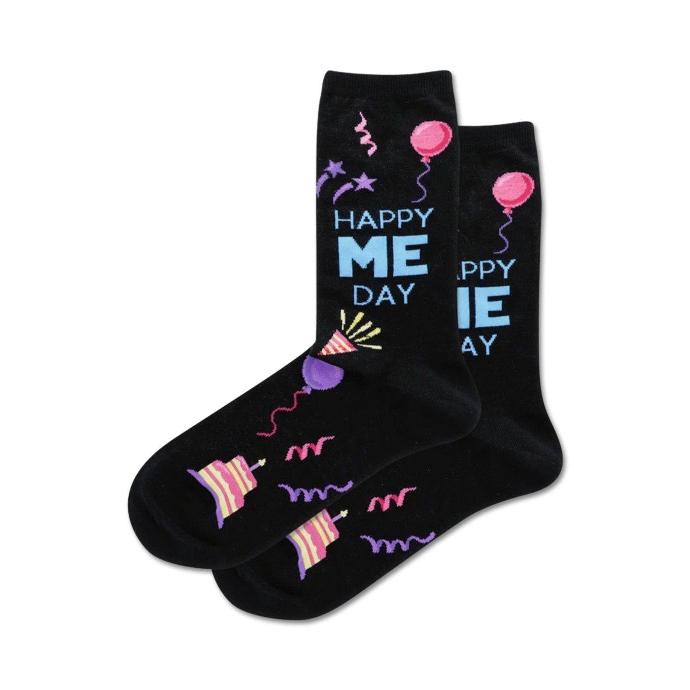A pair of black crew socks with a 'Happy Me Day' theme.  Features colorful birthday-themed designs including balloons, cake, and party hats.