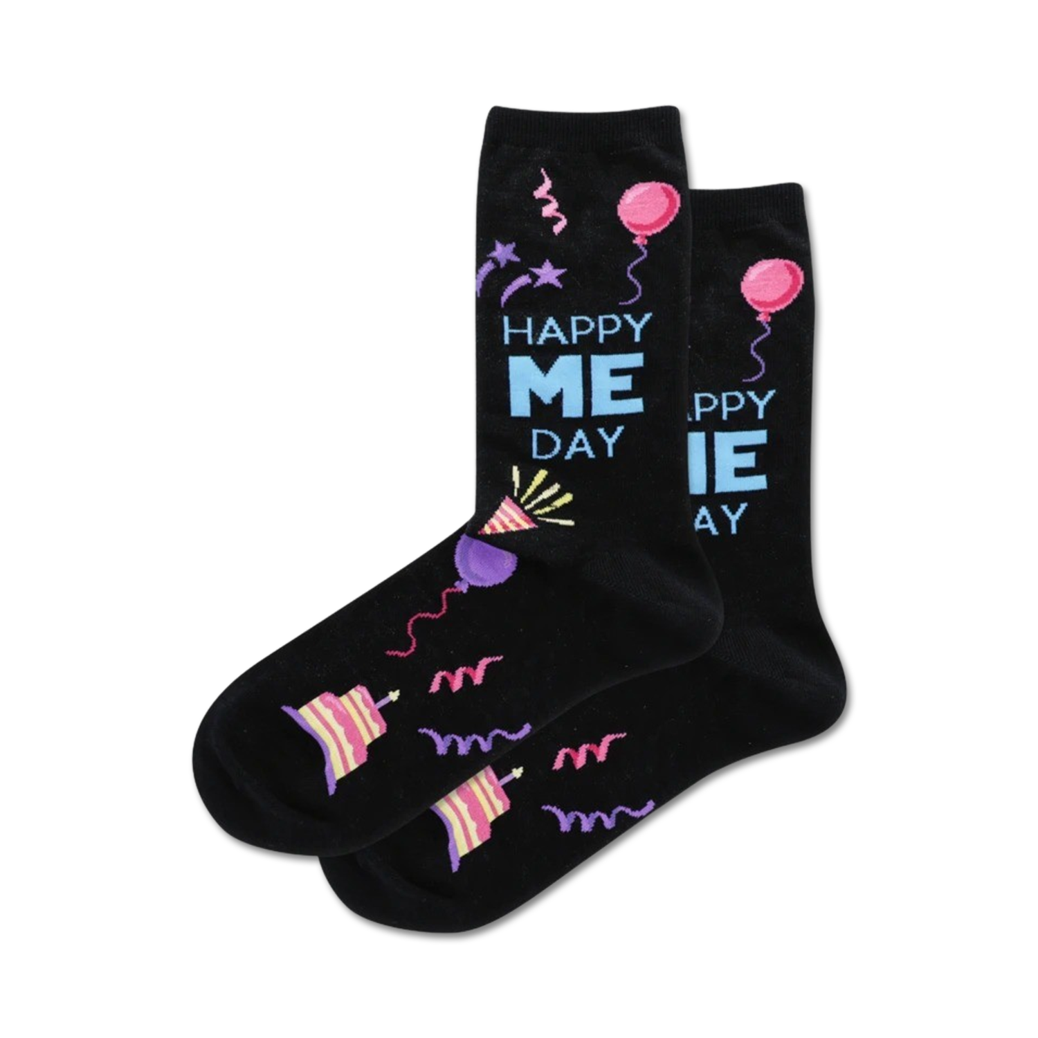 A pair of black crew socks with a 'Happy Me Day' theme.  Features colorful birthday-themed designs including balloons, cake, and party hats.