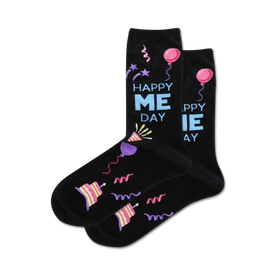 black crew socks with multi-colored party items, "happy me day" text. fun birthday theme for women.  