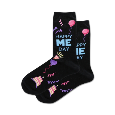 black crew socks with multi-colored party items, "happy me day" text. fun birthday theme for women.  