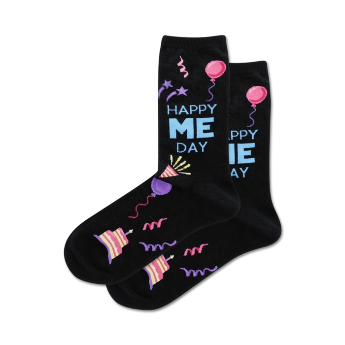 black crew socks with multi-colored party items, 