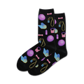 Pair of black crew socks with a fun pattern of purple and pink exercise equipment like weights, jump ropes, and yoga mats.