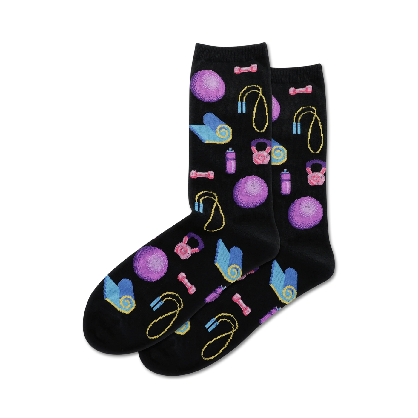 Pair of black crew socks with a fun pattern of purple and pink exercise equipment like weights, jump ropes, and yoga mats.