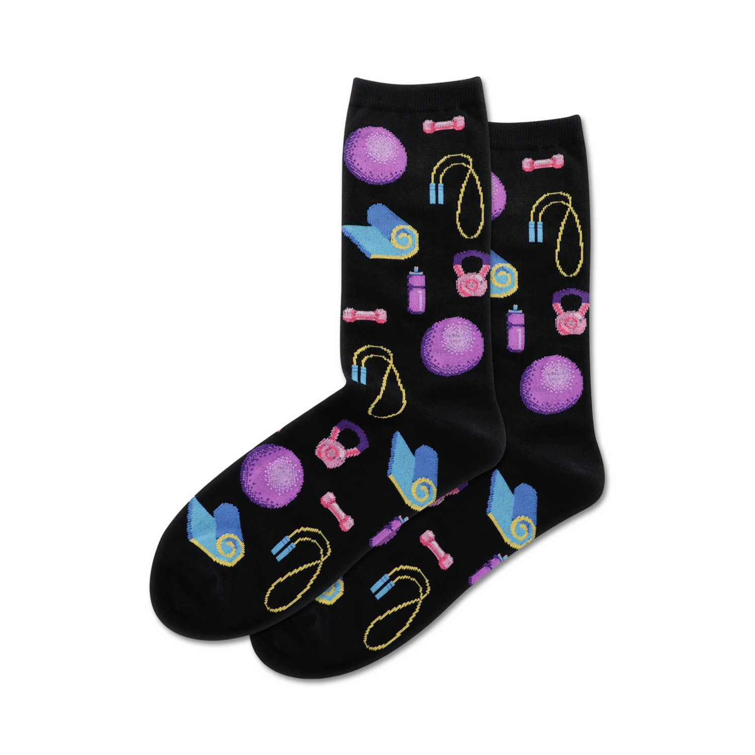 Pair of black crew socks with a fun pattern of purple and pink exercise equipment like weights, jump ropes, and yoga mats.