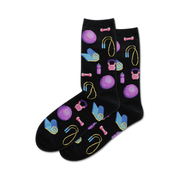 black crew socks for women with a fun pattern of various workout equipment and accessories.  