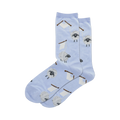 Pair of light blue crew socks with a repeating pattern of gray sheep tangled in yarn balls and knitting needles.