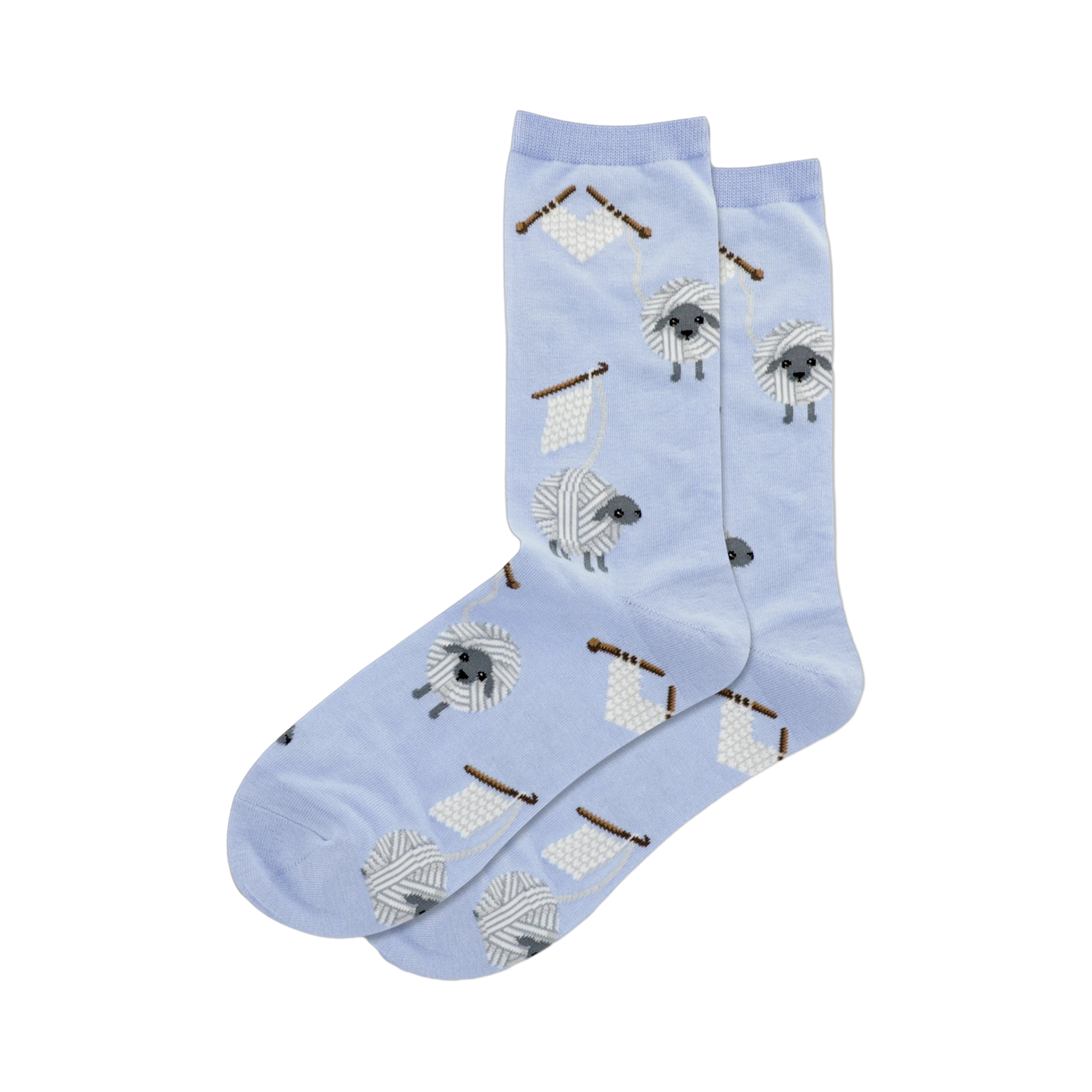 Pair of light blue crew socks with a repeating pattern of gray sheep tangled in yarn balls and knitting needles.