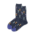 Pair of crew socks, navy blue with multicolored vinyl record designs, purple heel and toe.