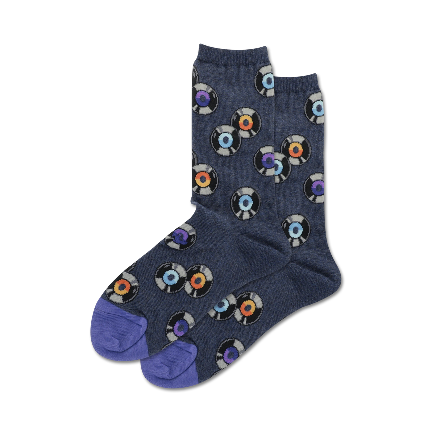 Pair of crew socks, navy blue with multicolored vinyl record designs, purple heel and toe.