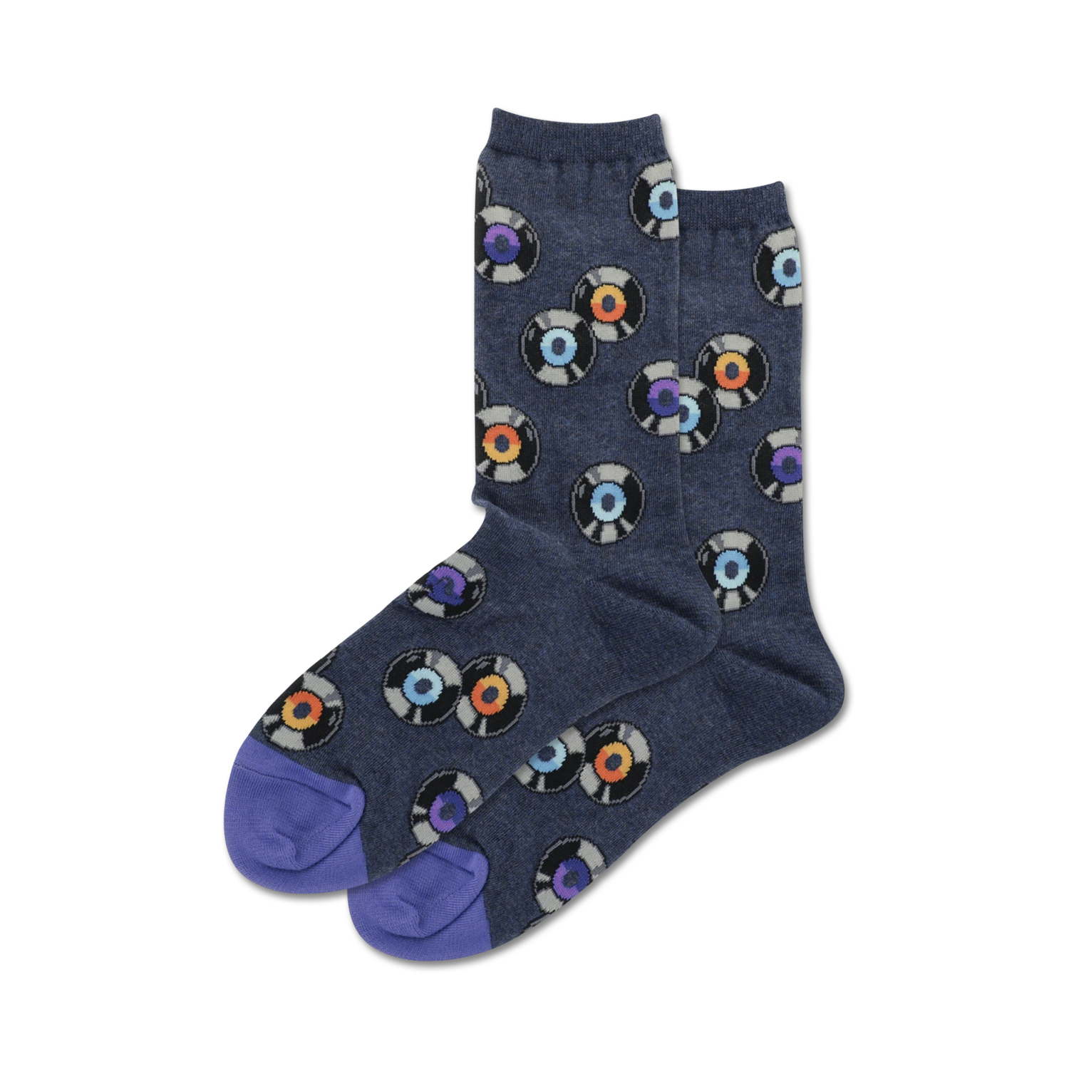 Pair of crew socks, navy blue with multicolored vinyl record designs, purple heel and toe.