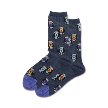 dark blue socks with a multicolored record design; purple toes and heels; women's crew-length socks.  