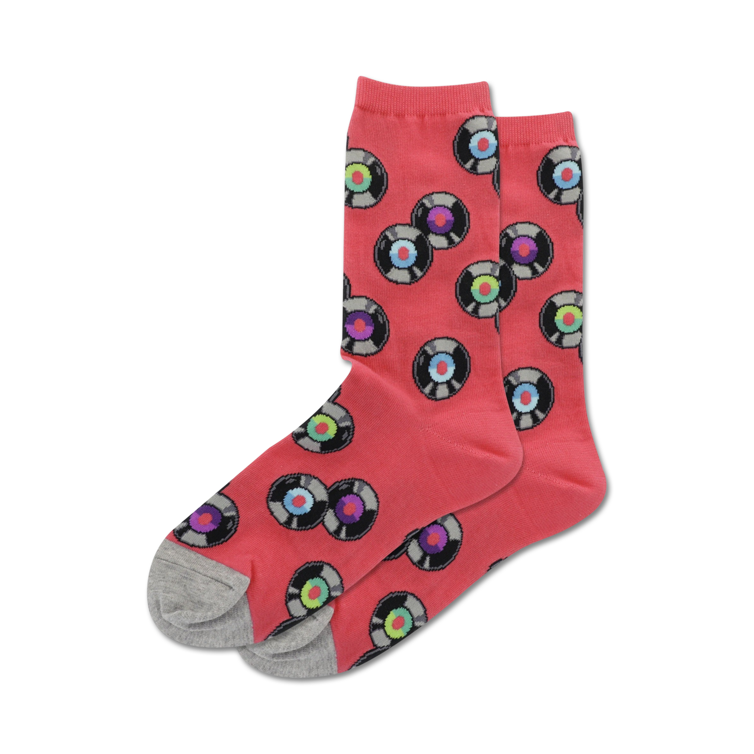 Lifestyle shot showing coral colored 'Records' socks with grey heel and toe. The socks feature a fun pattern of multicolored vinyl records.