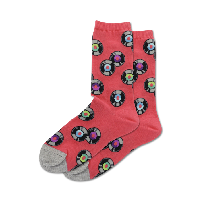 pink crew socks with black records and rainbow labels.  