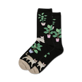Pair of black crew socks with a whimsical design. Features illustrations of white cats and green potted plants.