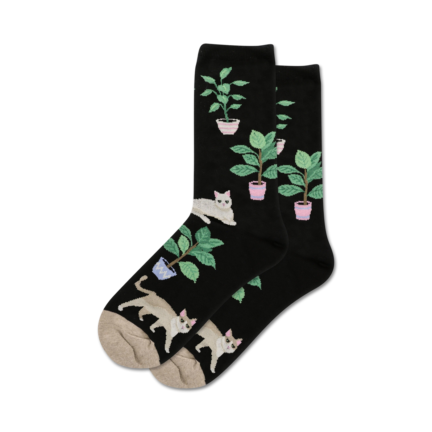Pair of black crew socks with a whimsical design. Features illustrations of white cats and green potted plants.